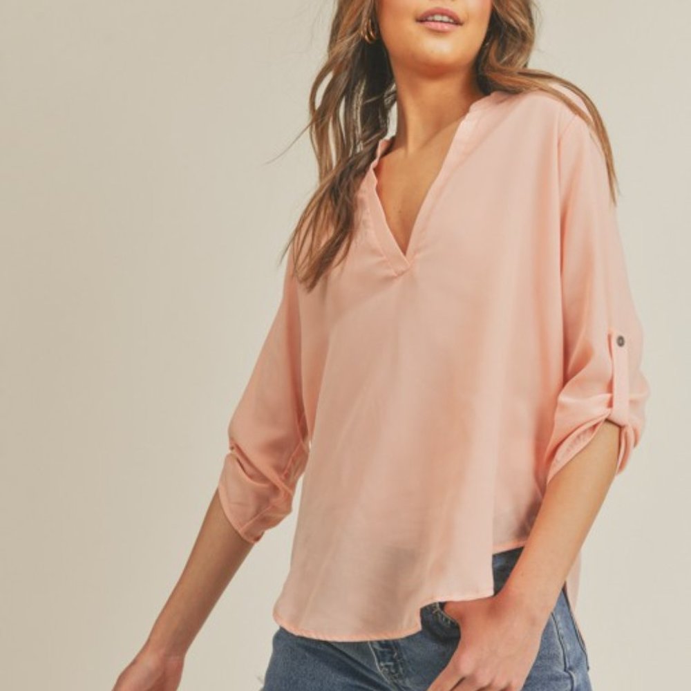 3/4 Tab Sleeve Blouse V Neck Sheer Lightweight Pink Yellow